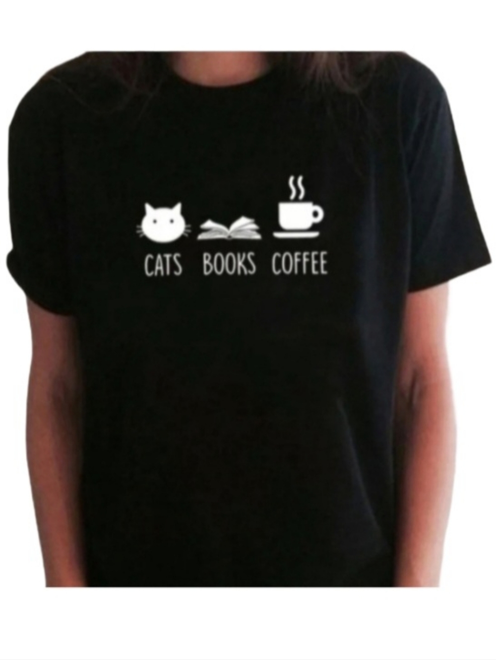 SHEIN Cats, Books, Coffee Short Sleeve Black Graphic T-shirt | EUC